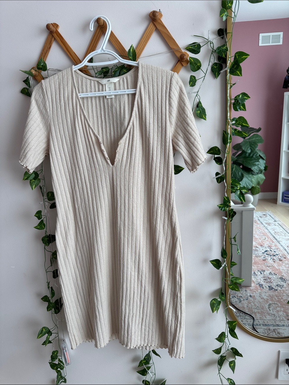 H&M Cream Ribbed V-Neck Mini Dress